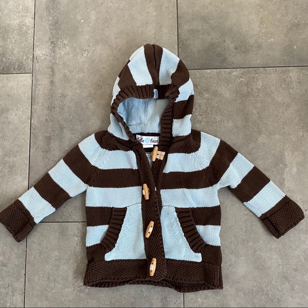 Beba bean hooded knit cardigan blue striped 6-12m